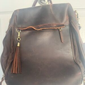 Brown Cognac Distressed Leather Backpack Tassel
